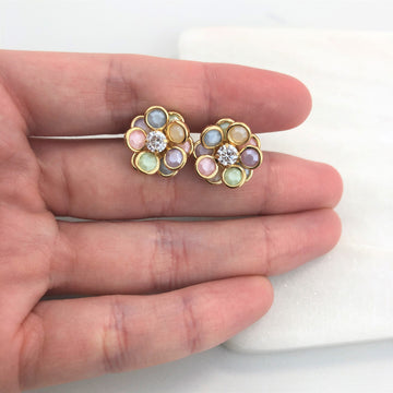 18K Gold Layered Oro Laminado Multicolor and Pearl Flower Design Push Back Earrings 21.0159/30/92